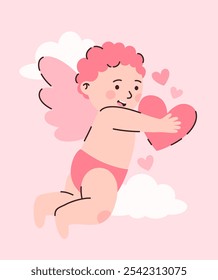 Cupid with hearts. Image for Valentine's Day. Flat vector illustration.