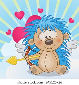 Cupid Hedgehog with a bow on a background of clouds and hearts 