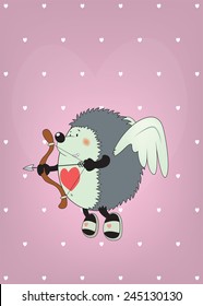 Cupid the hedgehog.Funny,cute looking Valentine's day card illustration Vertical orientation
