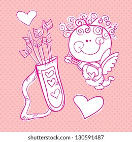 Cupid and his arrows hand drawn. On pink background Vector