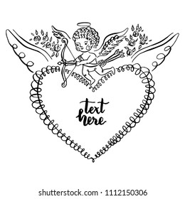 cupid hold archery with heart arrow flying on heart wings,hand drawing illustration on white background with space for text ,valentines or wedding day card decoration,vintage doodle flourish art
