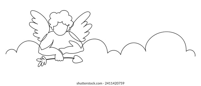 Cupid holding arrow in the hand. Valentine's day design. Angel looking from the clouds. Love concept. Continuous line drawing. Frame boarder.