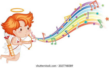 Cupid holding bow and arrow with melody symbols on rainbow  illustration