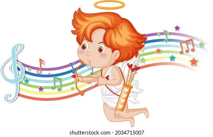 Cupid holding bow and arrow with melody symbols on rainbow  illustration