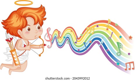 Cupid holding bow and arrow with melody symbols on rainbow wave illustration