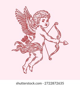 Cupido segurando desenho de linha de vetor de arco. Dia dos Namorados ilustração caprichada coquette, desenhado à mão