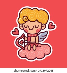 Cupid holding bow while sitting on cloud doodle. Can use for sticker, t-shirt etc