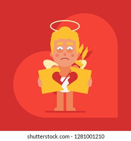 Cupid holding broken heart sign  Cartoon character  Valentine card  Vector Illustration 