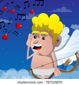 Cupid holding hand at his ear, listening, with bow and arrow in the other hand. Vector cartoon character illustration.