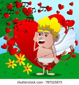 Cupid holding hand at his ear, listening, with bow and arrow in the other hand. Vector cartoon character illustration.