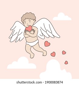 Cupid holding heart in the sky on pink background. Love and Valentine's day concept. Hand draw style. Vector illustration.