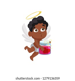  cupid holding  jar with pink potion illustration. Kid, love, romantic. Saint Valentines Day concept. Vector illustration can be used for topics like romantic, love, celebration, greeting card