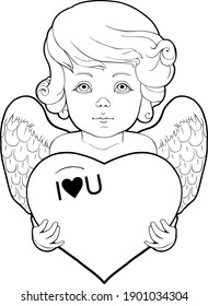 Cupid holding a love heart Happy Valentine's Day vector illustration isolated clipart. Character for congratulation. Child in cartoon style. Art design for birthday, wedding card or valentine's day