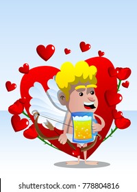 Cupid holding a mug of beer, with bow and arrow in the other hand. Vector cartoon character illustration.