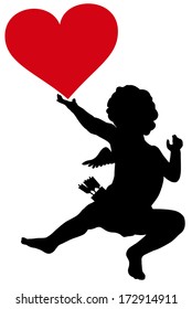 Cupid holding red heart vector silhouette