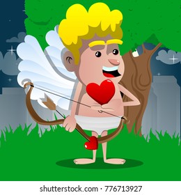 Cupid holding small red heart, with bow and arrow in the other hand. Vector cartoon character illustration.