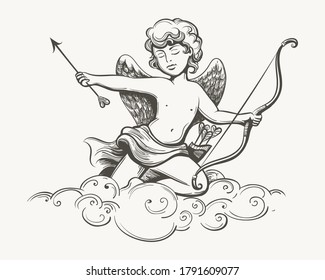 Cupid Holds Arrow Of Love And Bow Sitting On A Cloud. Tattoo Drawn In Vintage Style. Vector Illustration.