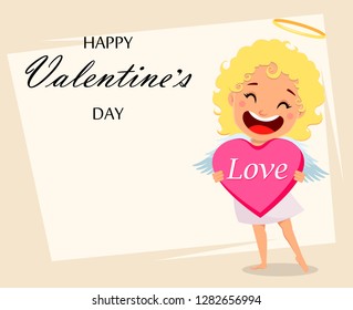 Cupid holds big pink heart. Cute girl cartoon character. Happy Valentines Day greeting card. Vector illustration
