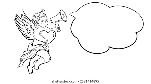 Cupid holds a heart in one hand and a megaphone in the other. Valentine's Day advertisement.