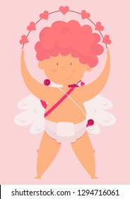 Cupid holds the hearts in his hands. Boy angel with bow and arrow. Valentine's Day,Vector image, cartoon character