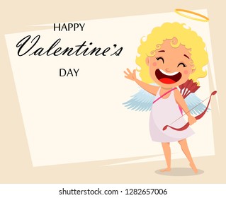 Cupid holds love bow and arrow and waves hand, cute girl cartoon character. Happy Valentines Day greeting card. Vector illustration 
