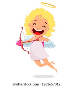 Cupid holds love bow and arrow, cute girl cartoon character. Happy Valentines Day greeting card. Vector illustration on white background