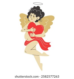 Cupid hugs a bright red heart with love and affection