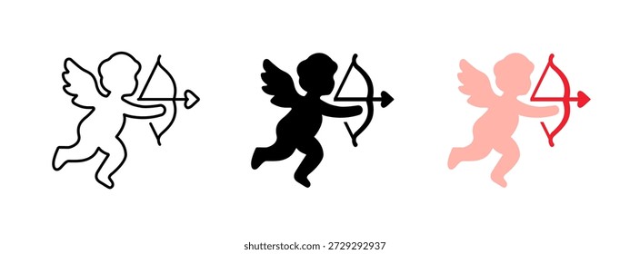 Ícone cupido com arco e seta nos estilos de contorno, sólido e cor. Símbolo vetorial romântico para o Dia dos Namorados, amor, namoro, casamento e projetos de design de relacionamento.