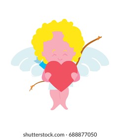 Cupid icon. Cute smiling cupid boy holding heart icon. Valentine's Day or wedding symbol isolated on white background. Funny little character vector illustration
