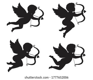 cupid icon set in flat style. Cupid silhouette shooting arrow, isolated on white background, love and valentine's day symbol. love business concept,