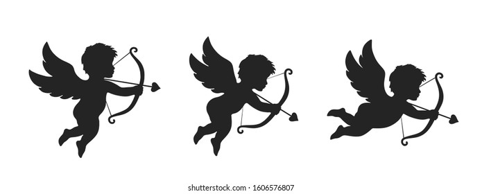 cupid icon set. love and valentine's day symbol. Cupid shooting arrow. isolated vector black silhouette image