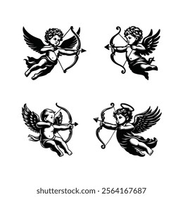 Cupid icon set, love, and Valentine's Day symbol. Cupid is shooting an arrow. Baby Angel Holding Bow Arrow.