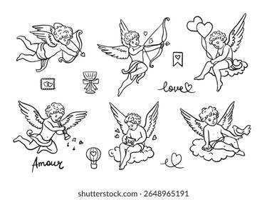 Ícone de cupido definido. Amor e dia dos namorados. Seta de disparo do cupido. Vetor isolado de imagem desenhada à mão em preto.