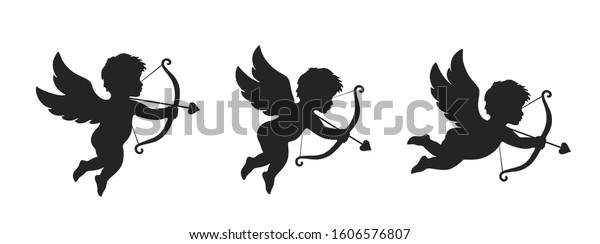 cupid icon set.\
love and valentine\'s day symbol. Cupid shooting arrow. isolated\
vector black silhouette\
image