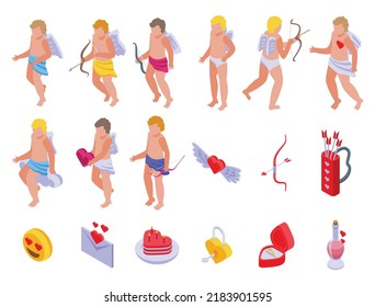 Cupid icons set isometric vector. Cherub angel. Arrow bow