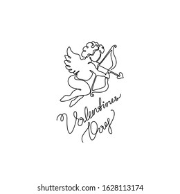 Cupid and the inscription Valentine's Day, greeting card, print for clothes and logo design, t-shirt, emblem or logo design, continuous line drawing. Isolated vector illustration.