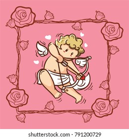Cupid inside frame for valentines day. Vector Illustration. Happy Valentines day.