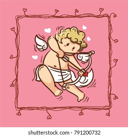 Cupid inside frame for valentines day. Vector Illustration. Happy Valentines day.