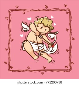 Cupid inside frame for valentines day. Vector Illustration. Happy Valentines day.