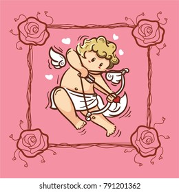 Cupid inside frame for valentines day. Vector Illustration. Happy Valentines day.
