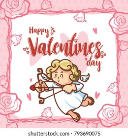 Cupid inside frame for valentines day. Vector Illustration. Happy Valentines Day. Happy Valentines Day Card