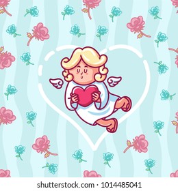 cupid inside heart shaped frame with rose seamless pattern for valentines day. cupid vector illustration. background for valentines day gift card.