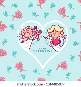 cupid inside heart shaped frame with rose seamless pattern for valentines day. cupid vector illustration. background for valentines day gift card.