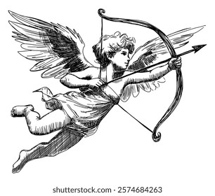 cupid isolated hand drawn sketch black white card design detailed valentine day romance mythology classical art vector illustration flight aiming bow arrow