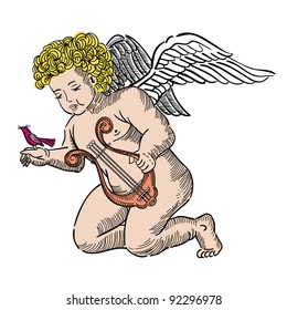cupid isolated on white with harp and bird