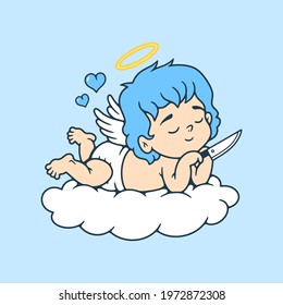 CUPID WITH A KNIFE LIES ON A CLOUD COLOR BACKGROUND