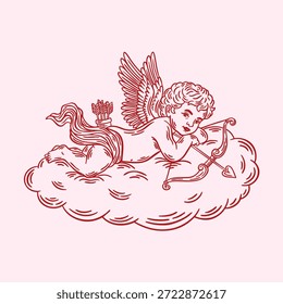 Cupido deitado no desenho de linha de nuvem. Dia dos Namorados ilustração caprichada coquette, desenhado à mão