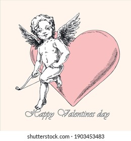 Cupid leaned against his heart, etching.