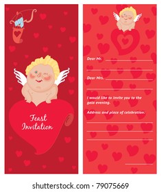 Cupid with a letter, Invitation, template, Valentine`s day postcard.