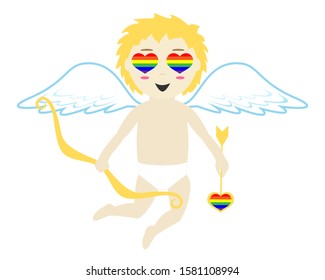 Cupid in lgbt love with bow and arrow, smiley face with heart-shaped eyes. Vector stock illustration. Valentine's day card for lgbt.